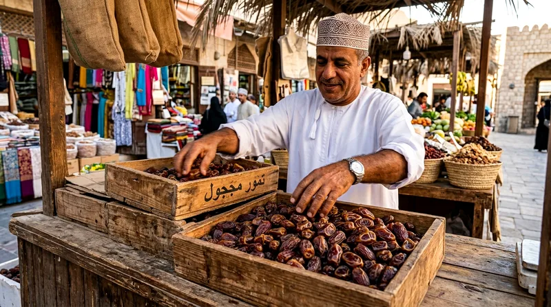 Vendor arranging fresh dates in Al Mina market stall late afternoon