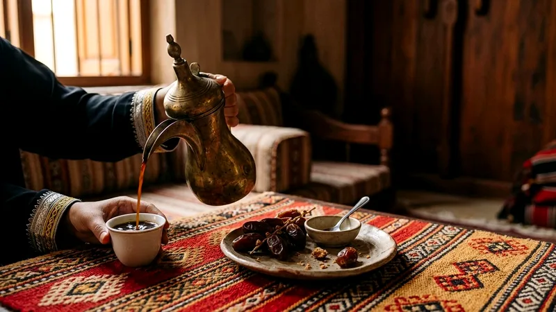 Brass dallah coffee pot pouring Arabic coffee beside dates on a sadu rug
