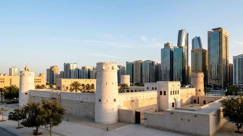 Historic Qasr Al Hosn fort towers in front of modern Abu Dhabi skyscrapers