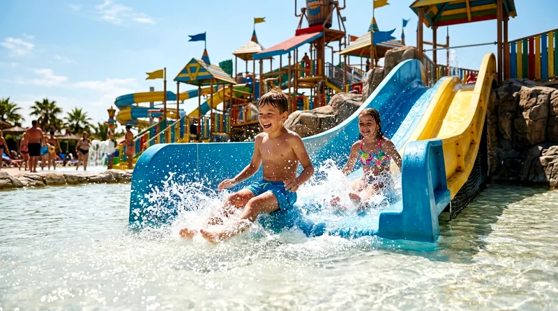 Children on water slide descent at Yas Waterworld splash zone