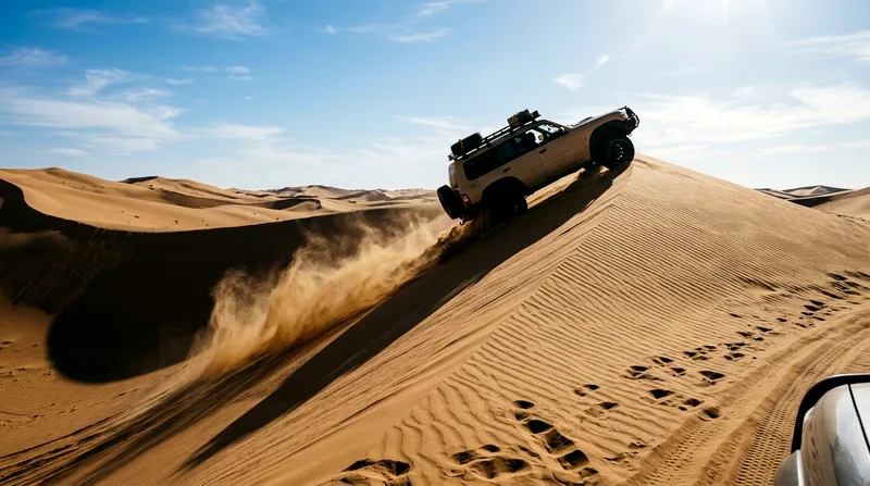 Dune bashing 4x4 vehicle cresting sand dune at extreme angle