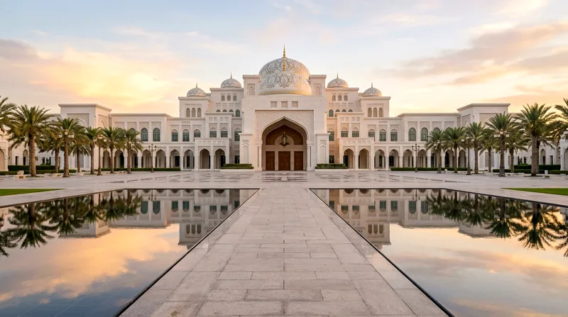 Qasr Al Watan palace with reflecting pools at sunrise