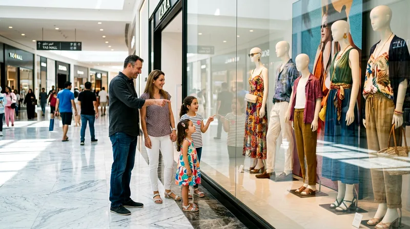 Family group browsing Zara storefront display at Yas Mall at midday