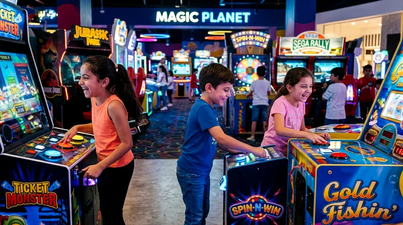 Children playing games in Magic Planet indoor arcade zone at Yas Mall