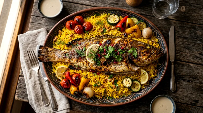 Grilled hammour whole fish served on rice and vegetables bed