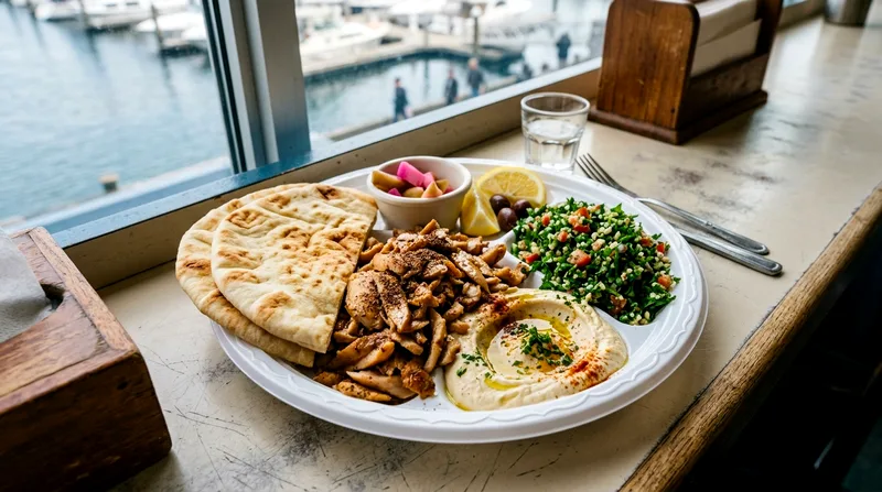 Casual shawarma plate with condiments and bread at Al Mina eatery