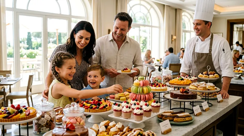 Family of four at hotel brunch with children at dessert station