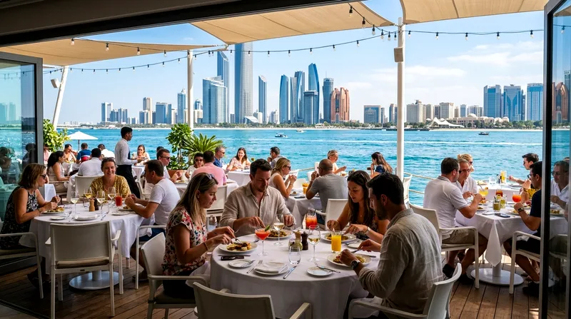 Waterfront brunch setting with city skyline and diners in foreground