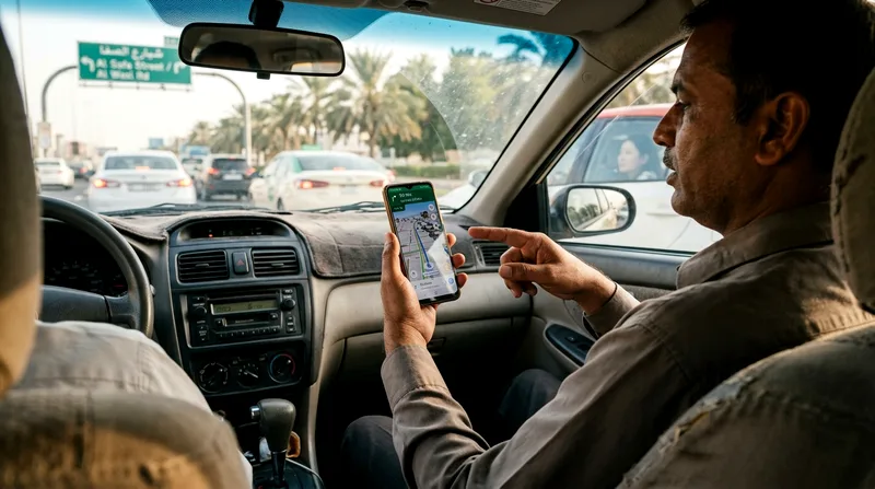 Taxi driver pointing to map with passenger inside vehicle.