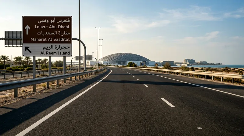 Saadiyat Island road signs and new asphalt with Louvre dome visible.