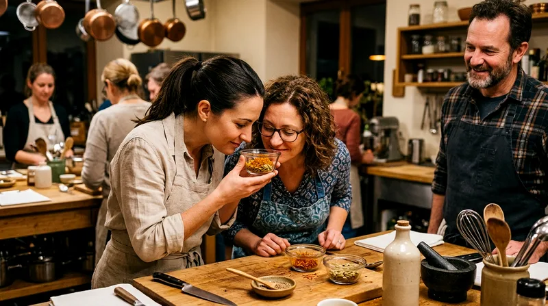 Two cooking class participants mixing and tasting spices at station