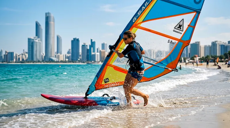 Windsurfer launching into water at Corniche beach with full rig