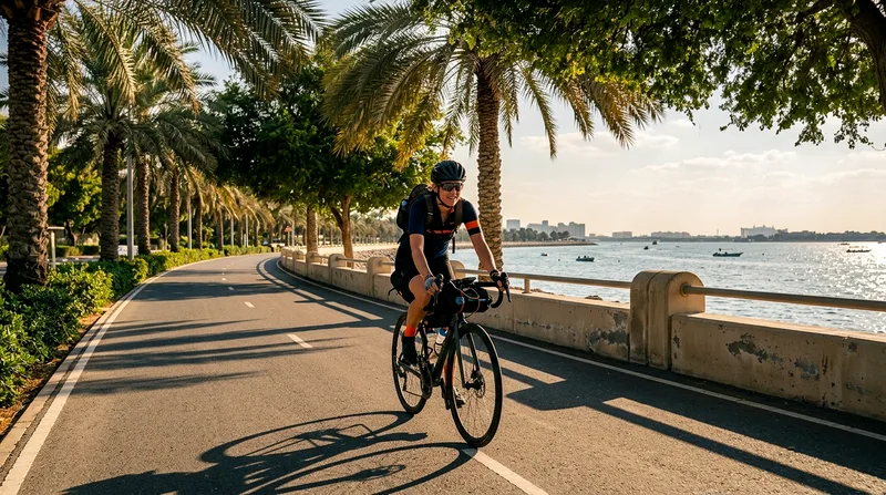 Cyclist riding on dedicated Corniche path at late afternoon