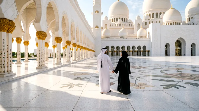 Couple standing together in Sheikh Zayed Grand Mosque courtyard marble