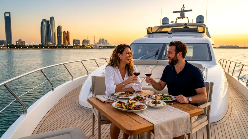 Couple dining on open yacht deck at sunset with wine and view