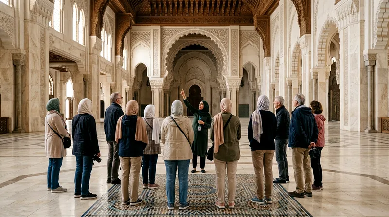 Group tour guide addressing visitors inside Sheikh Zayed Grand Mosque