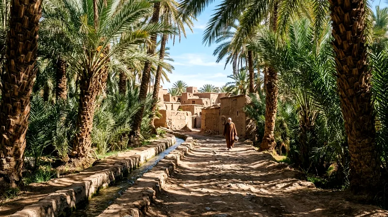 Date palm oasis in Al Ain with irrigation channels and structures