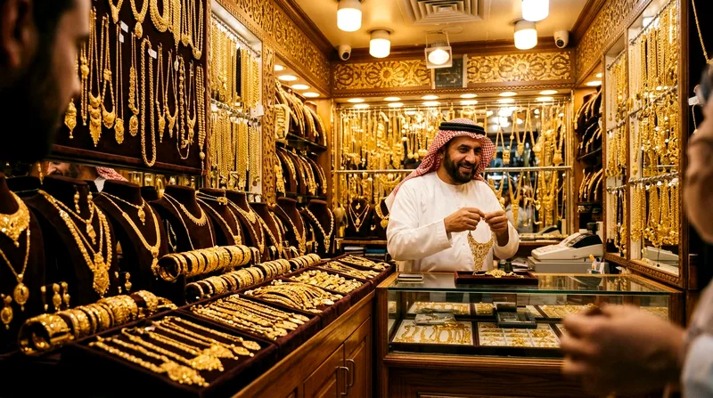 Gold Souk vendor displaying intricate jewelry pieces
