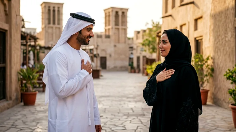 Emirati man and woman greeting with right hand placed on chest gesture