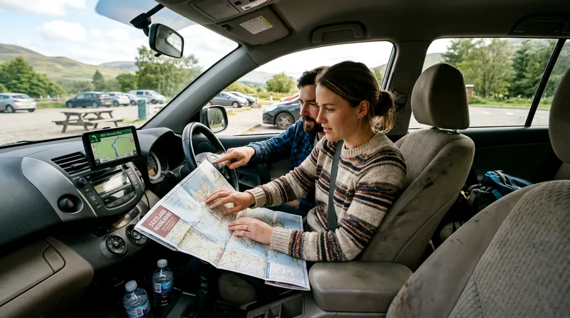 Couple in rental car checking map at highway rest stop