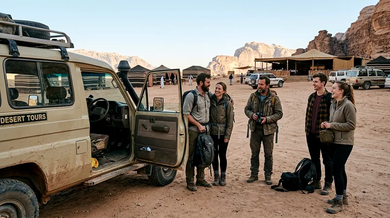 Group of solo travelers and couples boarding shared 4x4 vehicle