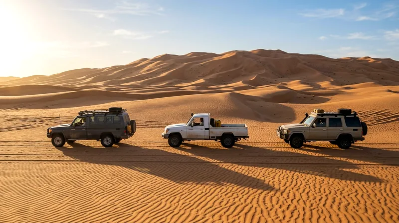 Multiple 4x4 vehicles in convoy driving across sandy desert