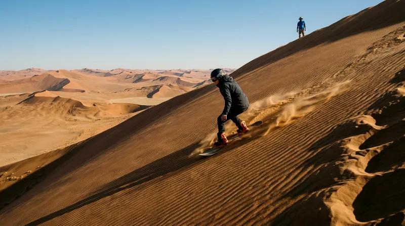 Tourist sandboarding down dune with guide assistance