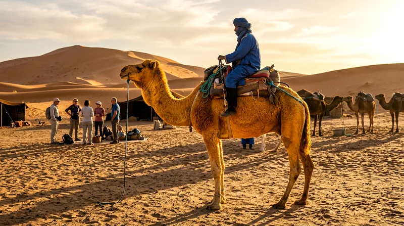 Camel rider at rest camp with tourists at sunset