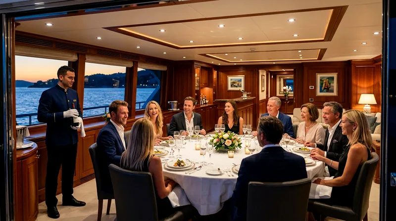 Interior of modern motor yacht saloon with seated guests