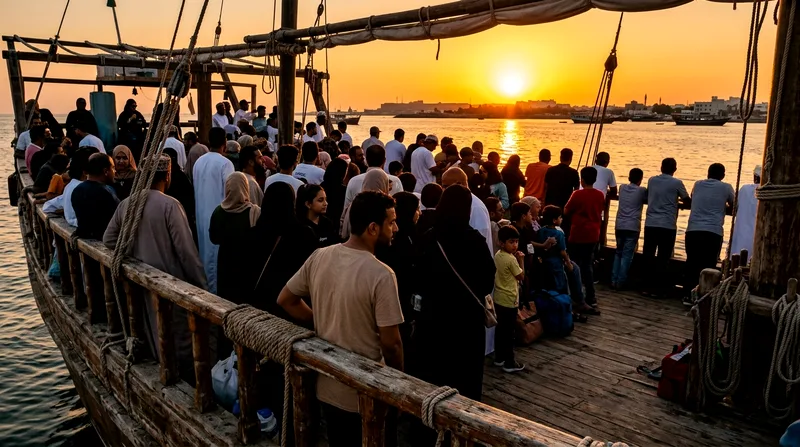 Dhow deck crowded with forty passengers watching sunset