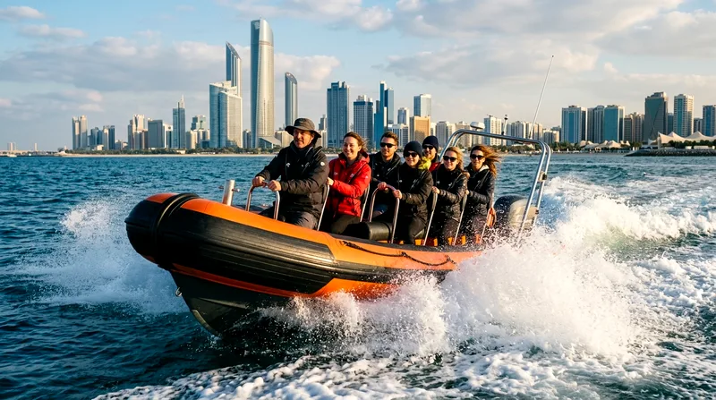 Speedboat packed with passengers racing toward Abu Dhabi skyline