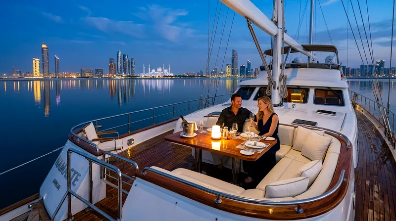 Intimate dinner setting on private motor yacht at dusk