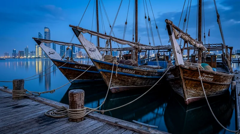 Three wooden dhows moored together at dawn