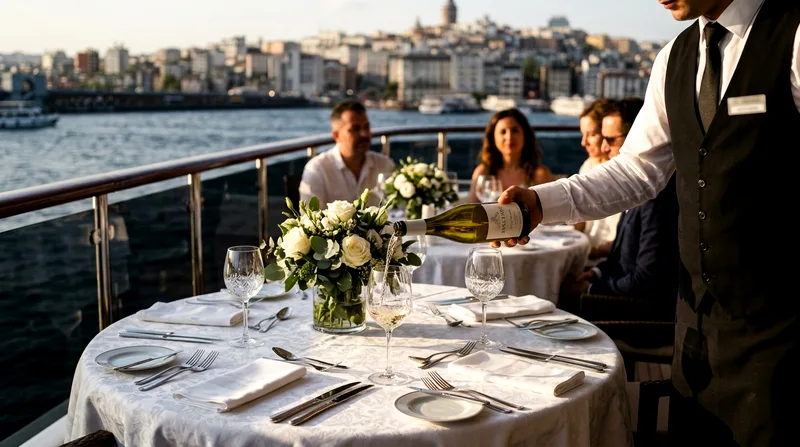 Server pouring wine at yacht dinner table with water view
