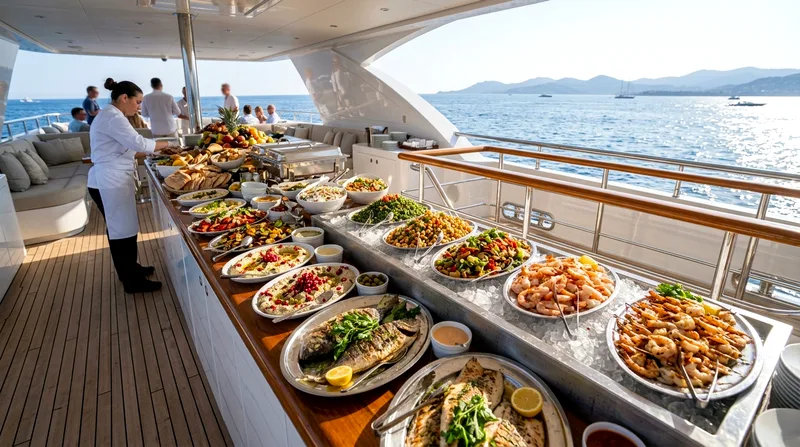 Buffet spread on yacht deck with seafood and desserts