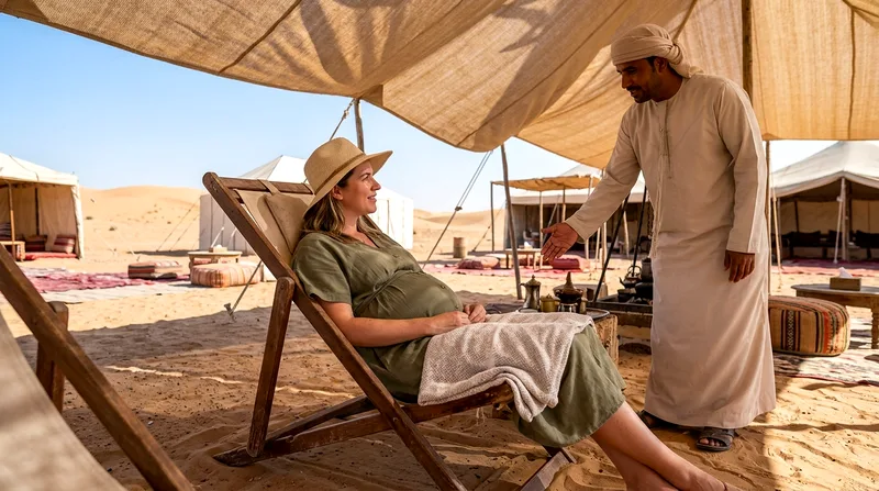 Pregnant woman in shaded camp area declining dune-bashing vehicle seat