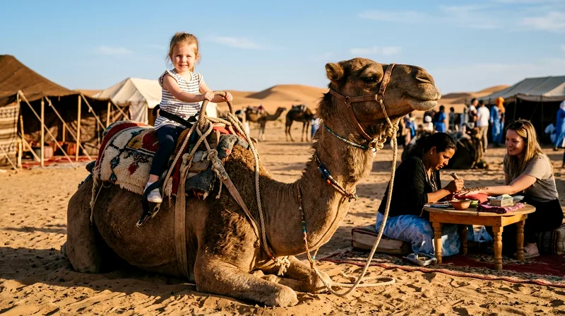 Child on camel at rest camp with henna artist painting hand