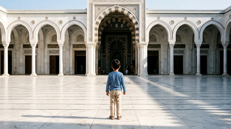 Young child standing in Sheikh Zayed Grand Mosque prayer hall