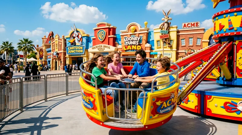 Kids on rides at Warner Bros World Abu Dhabi colorful facade