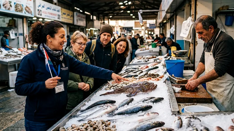 Food tour guide pointing out specific fish at Al Mina fish market