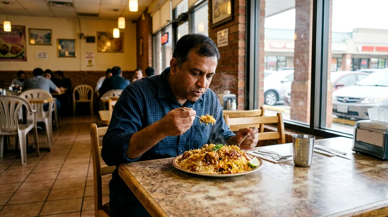 Solo traveler eating biryani alone at strip mall eatery at evening