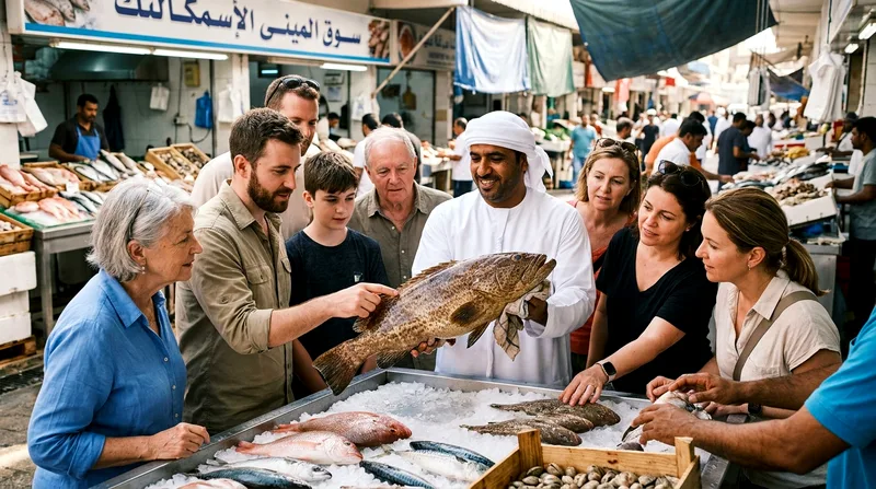 Food tour group sampling fresh seafood at Al Mina fishmonger counter.