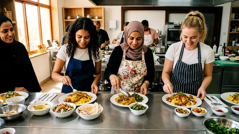 Cooking class participants plating their finished dishes at kitchen counter.