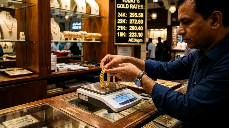 Male jeweler weighing gold jewelry on precision scale at vendor counter