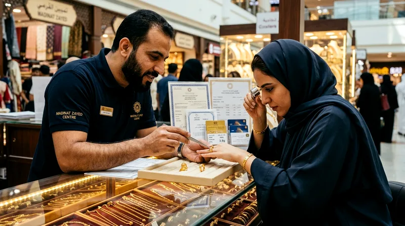 Customer examining gold ring closely with jeweler assisting at booth