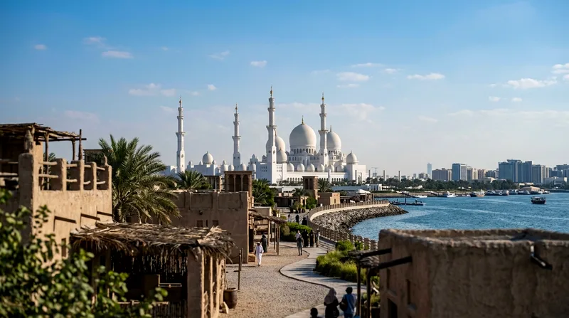 Sheikh Zayed Grand Mosque entrance archway framed from Heritage Village Breakwater viewpoint
