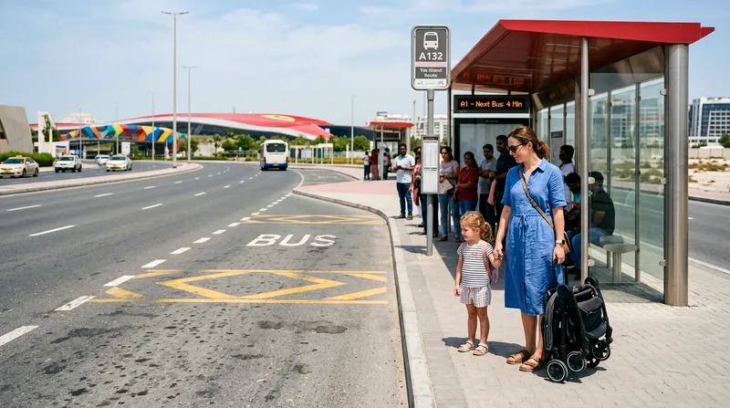 Family with stroller waiting at hop-on hop-off bus stop on Yas Island.