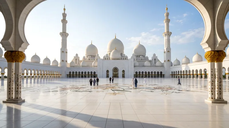 Sheikh Zayed Grand Mosque entrance courtyard at early morning light.
