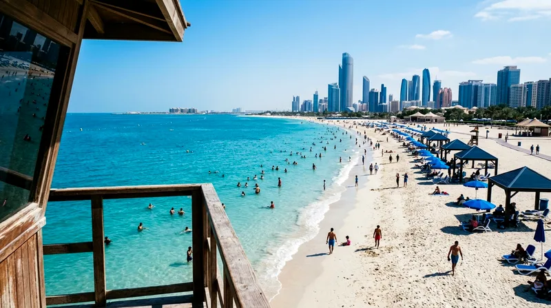 Corniche Beach with swimmers and beach pavilions at midday.