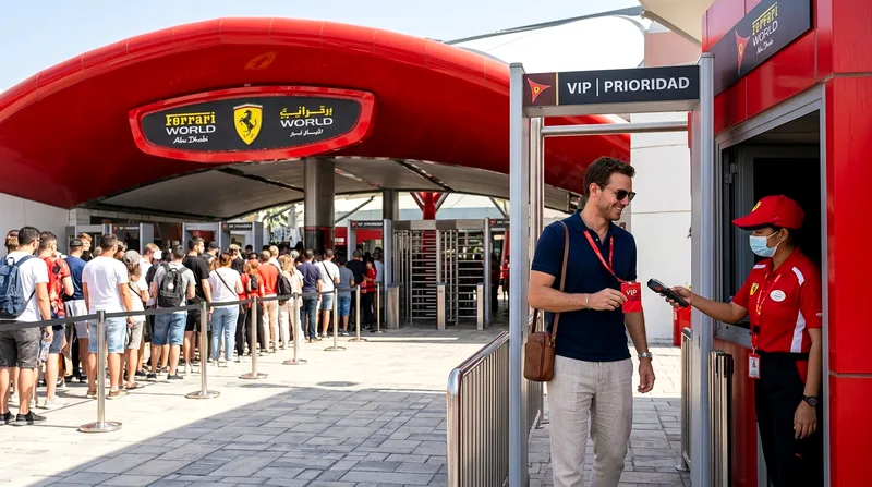VIP fast-track pass holder entering Ferrari World without waiting in queue
